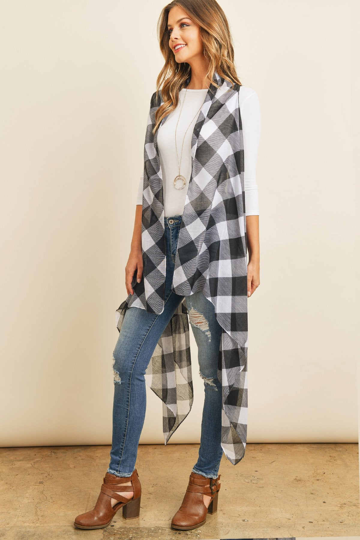 Black Plaid Knee Length Kimono Cardigan