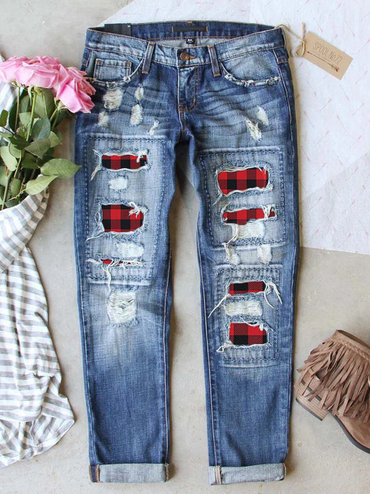 Holiday Denim - Ripped Plaid Jeans