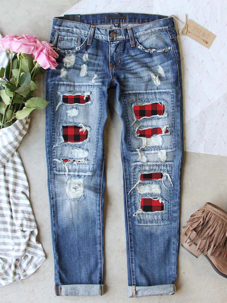 Holiday Denim - Ripped Plaid Jeans