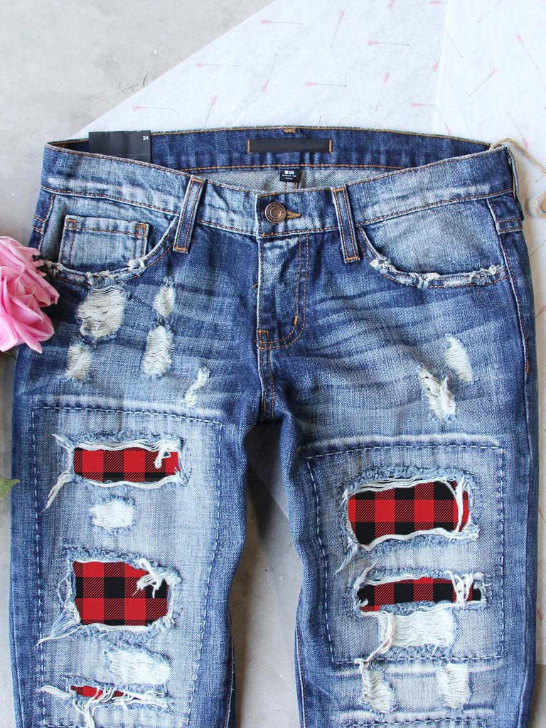 Holiday Denim - Ripped Plaid Jeans