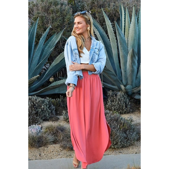 SMOCKING WAIST MAXI SKIRT WITH SIDE POCKET