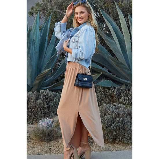 SMOCKING WAIST MAXI SKIRT WITH SIDE POCKET