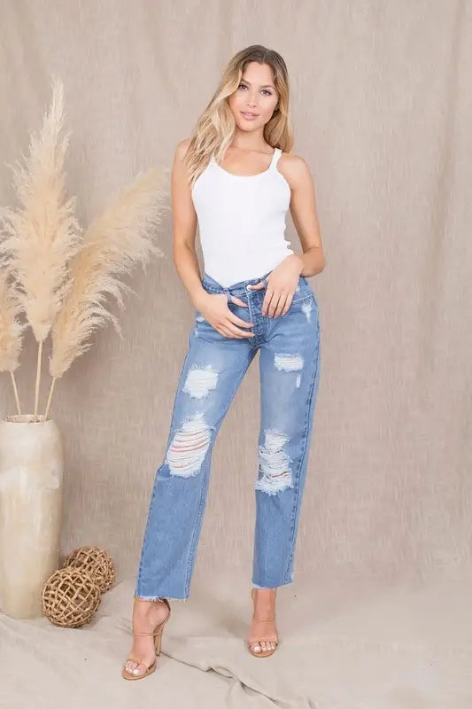 Distressed Straight Denim Jeans