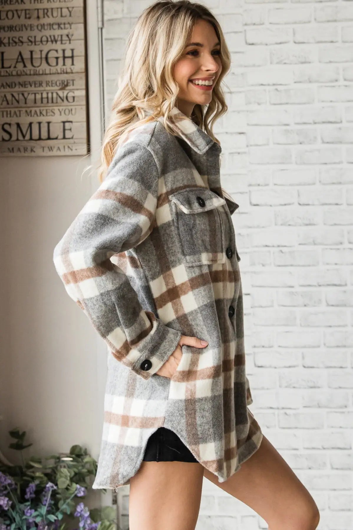 Brushed Plaid Button Down Shirt-Jacket