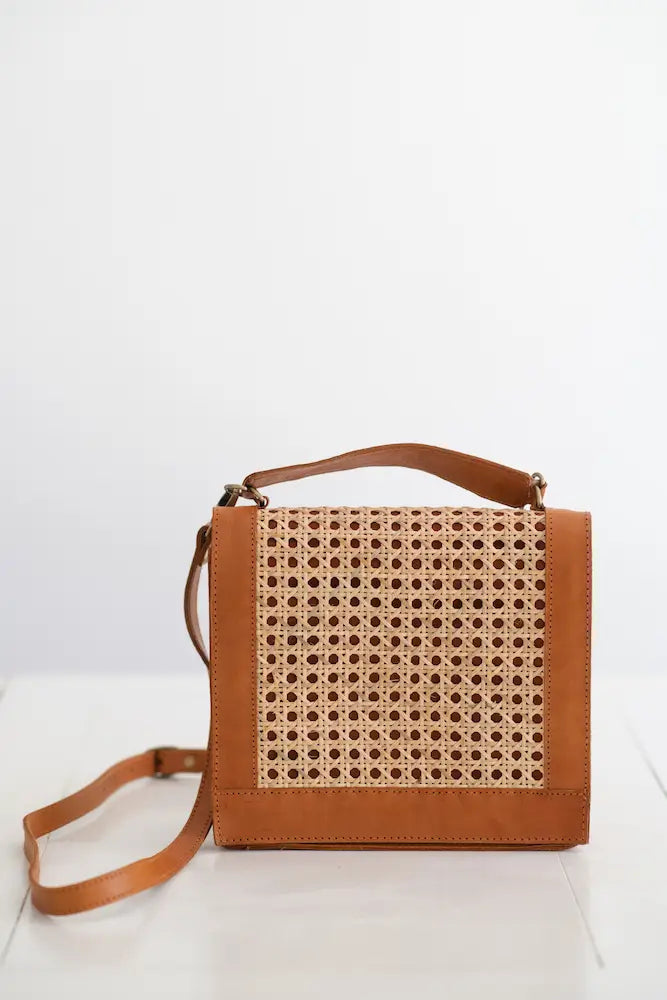 Brown Leather Bag, Cane Shoulder Bag, straw bag, leather
