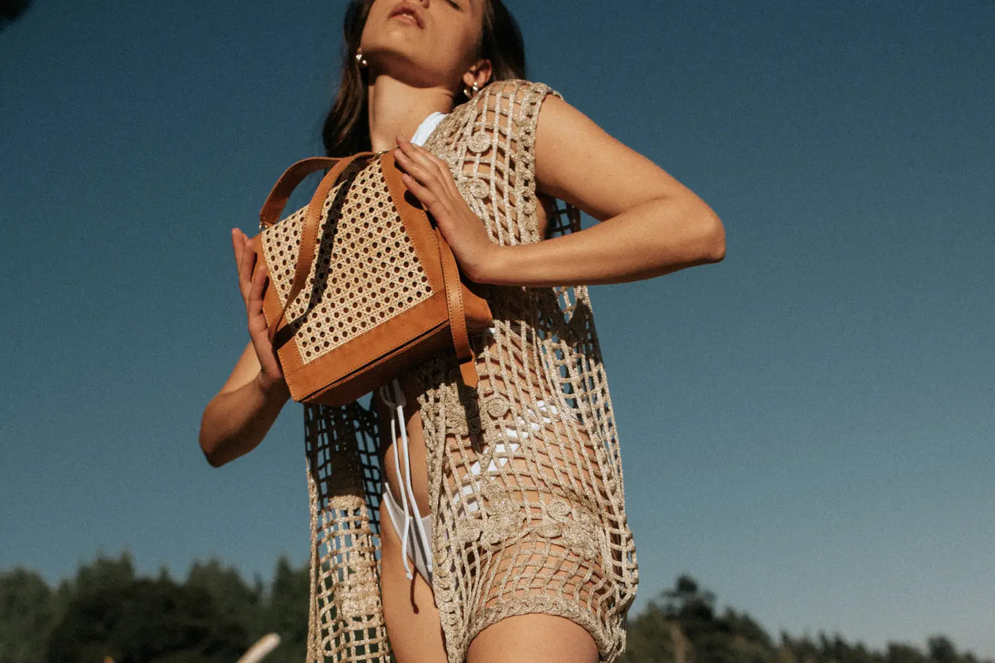 Brown Leather Bag, Cane Shoulder Bag, straw bag, leather