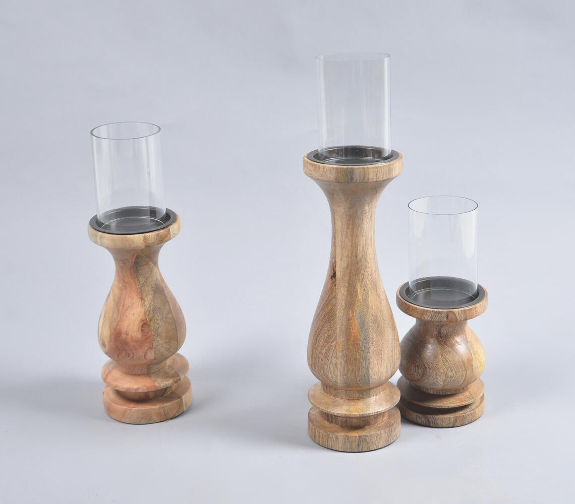Natural Mango Wood & Glass Pillar Candle Holders (Set of 3)