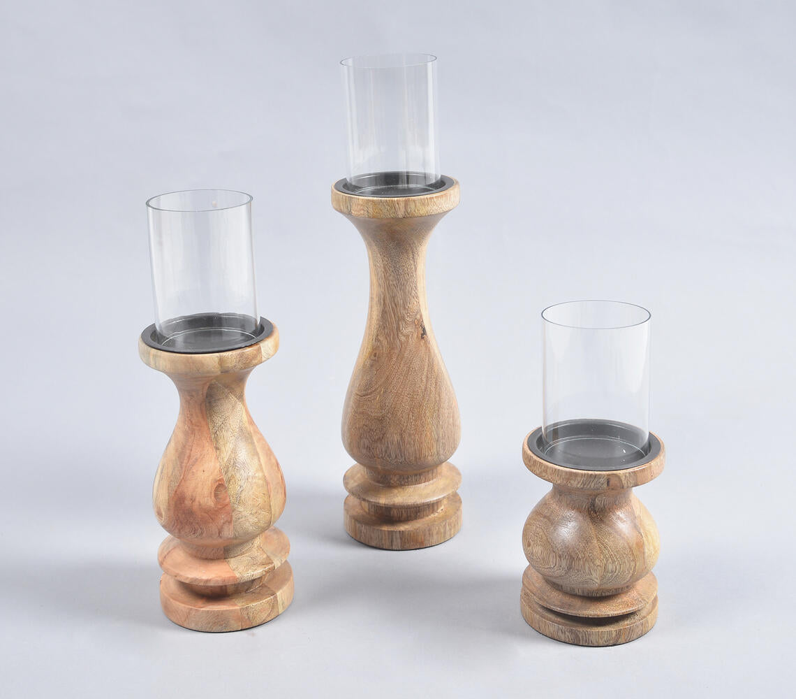 Natural Mango Wood & Glass Pillar Candle Holders (Set of 3)
