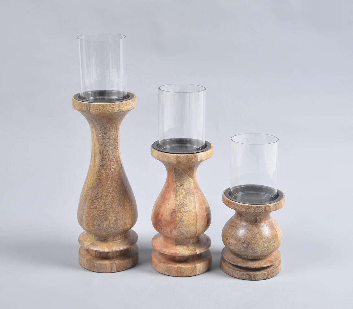 Natural Mango Wood & Glass Pillar Candle Holders (Set of 3)