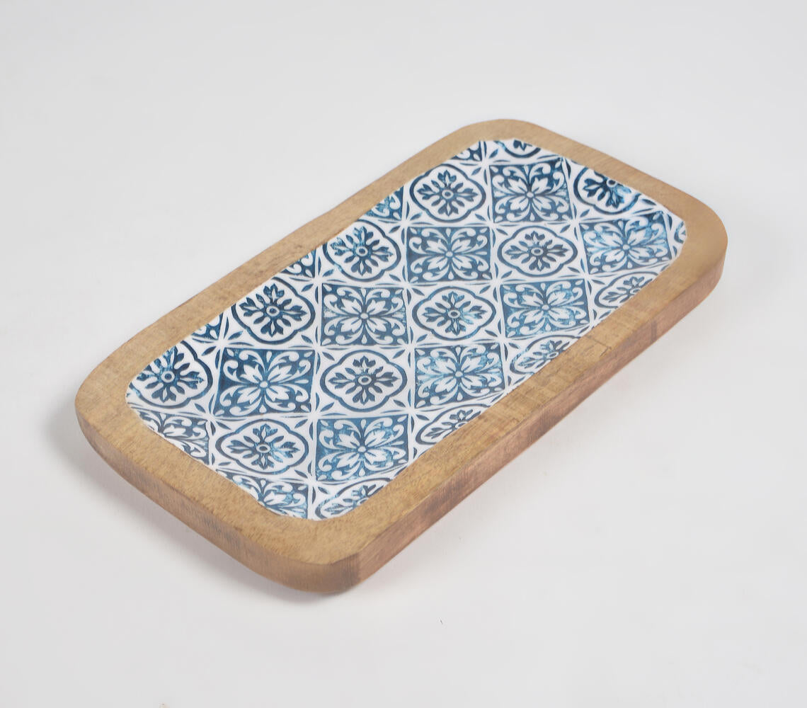 Indigo Meena print Light burnt Wooden Tray