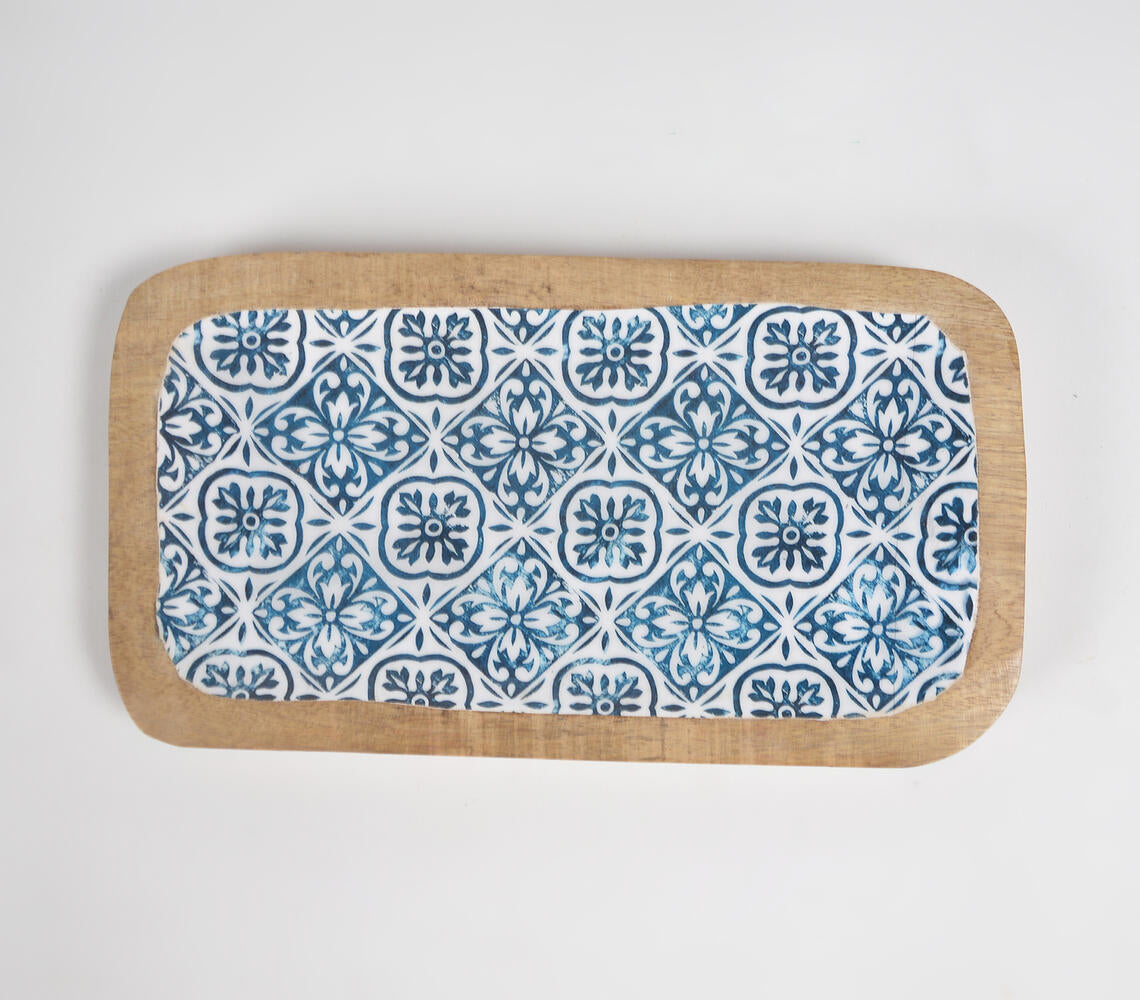 Indigo Meena print Light burnt Wooden Tray