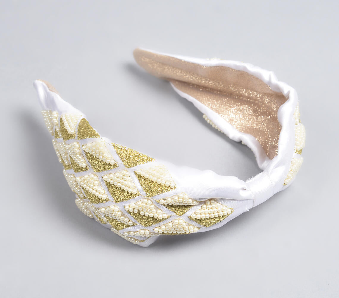 Embroidered Geometric White Hair Band