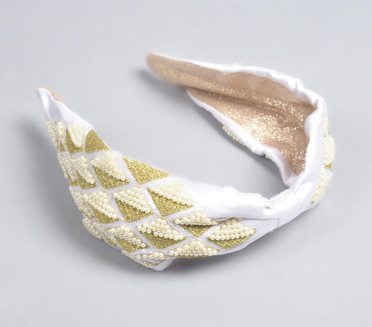 Embroidered Geometric White Hair Band