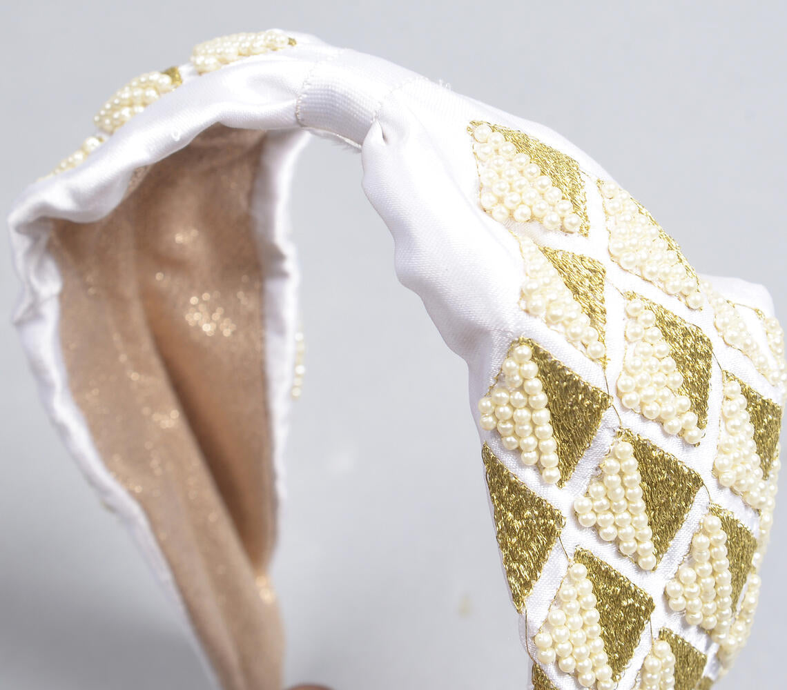 Embroidered Geometric White Hair Band