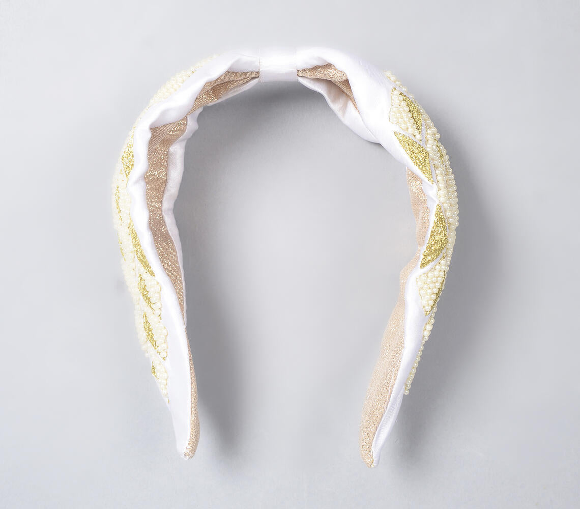 Embroidered Geometric White Hair Band