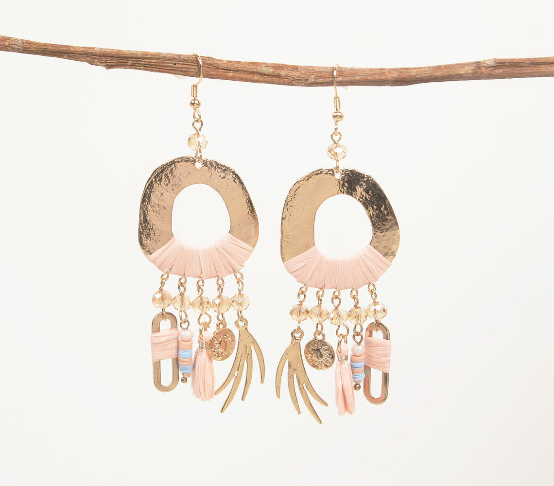Raffia-Wrapped Gold-Toned Cluster Dangle Earrings