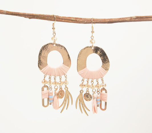 Raffia-Wrapped Gold-Toned Cluster Dangle Earrings