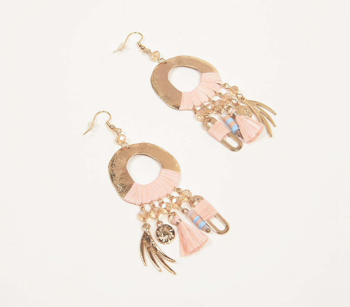 Raffia-Wrapped Gold-Toned Cluster Dangle Earrings