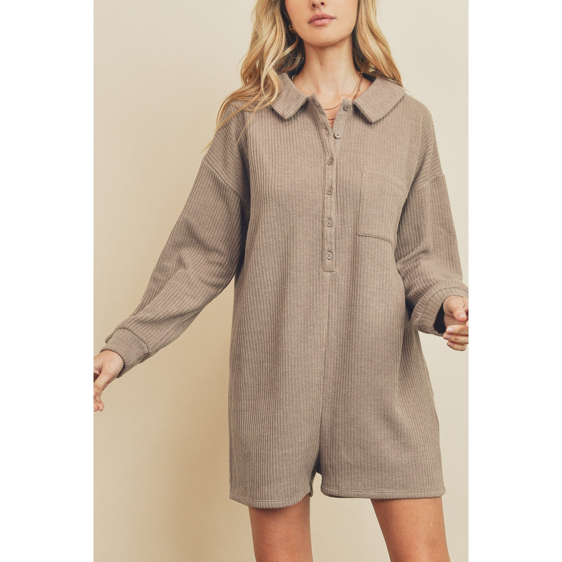 Ribbed Knit Polo Romper