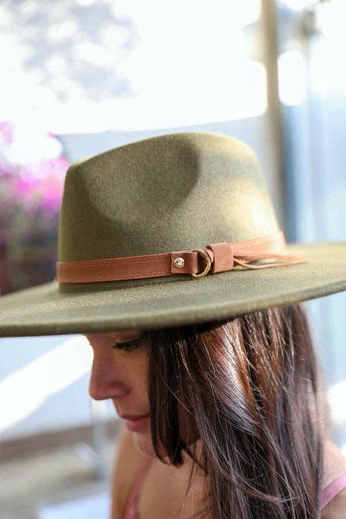 Dandy Leather Band Rancher Hat - Flat Brim Buckle Hat Olive