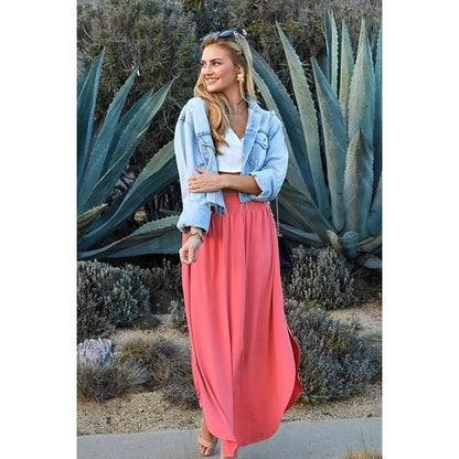 SMOCKING WAIST MAXI SKIRT WITH SIDE POCKET