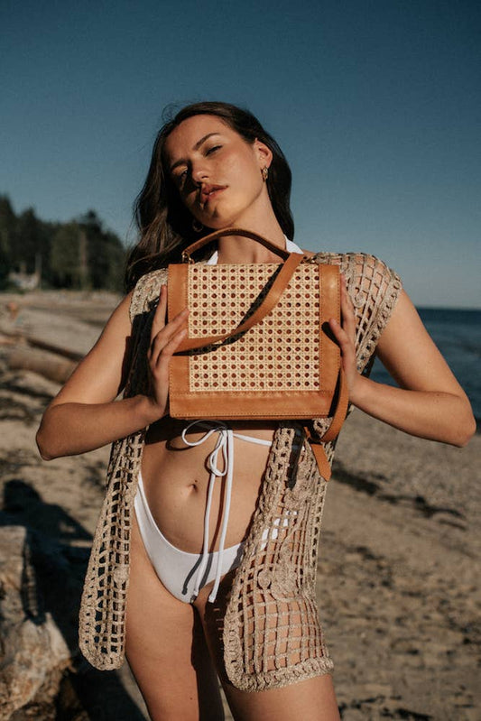 Brown Leather Bag, Cane Shoulder Bag, straw bag, leather