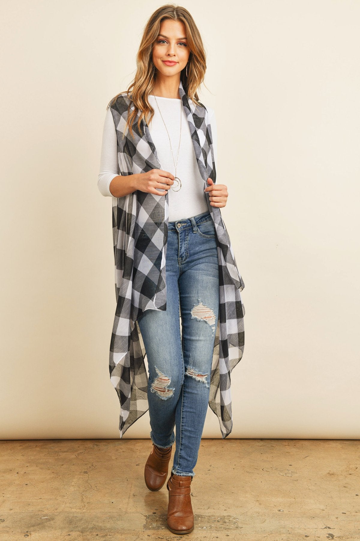 Black Plaid Knee Length Kimono Cardigan