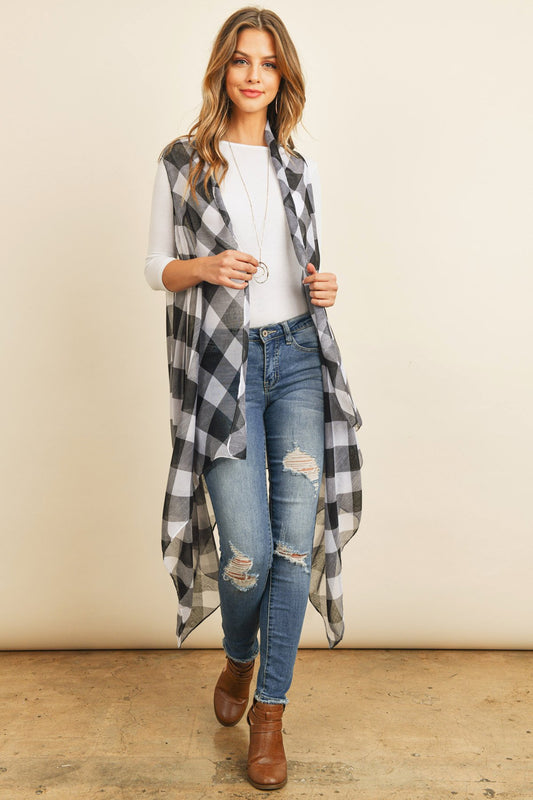 Black Plaid Knee Length Kimono Cardigan
