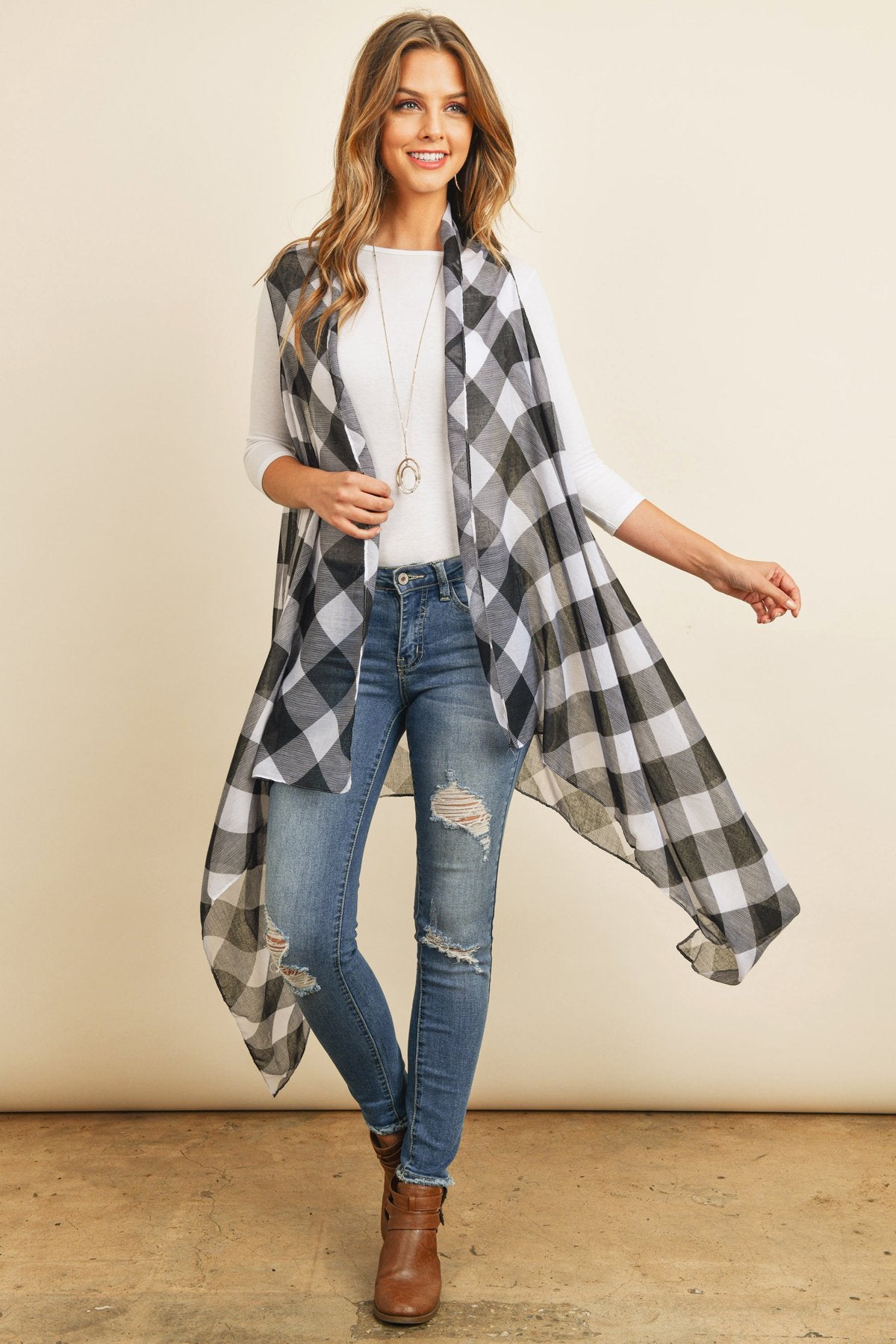Black Plaid Knee Length Kimono Cardigan