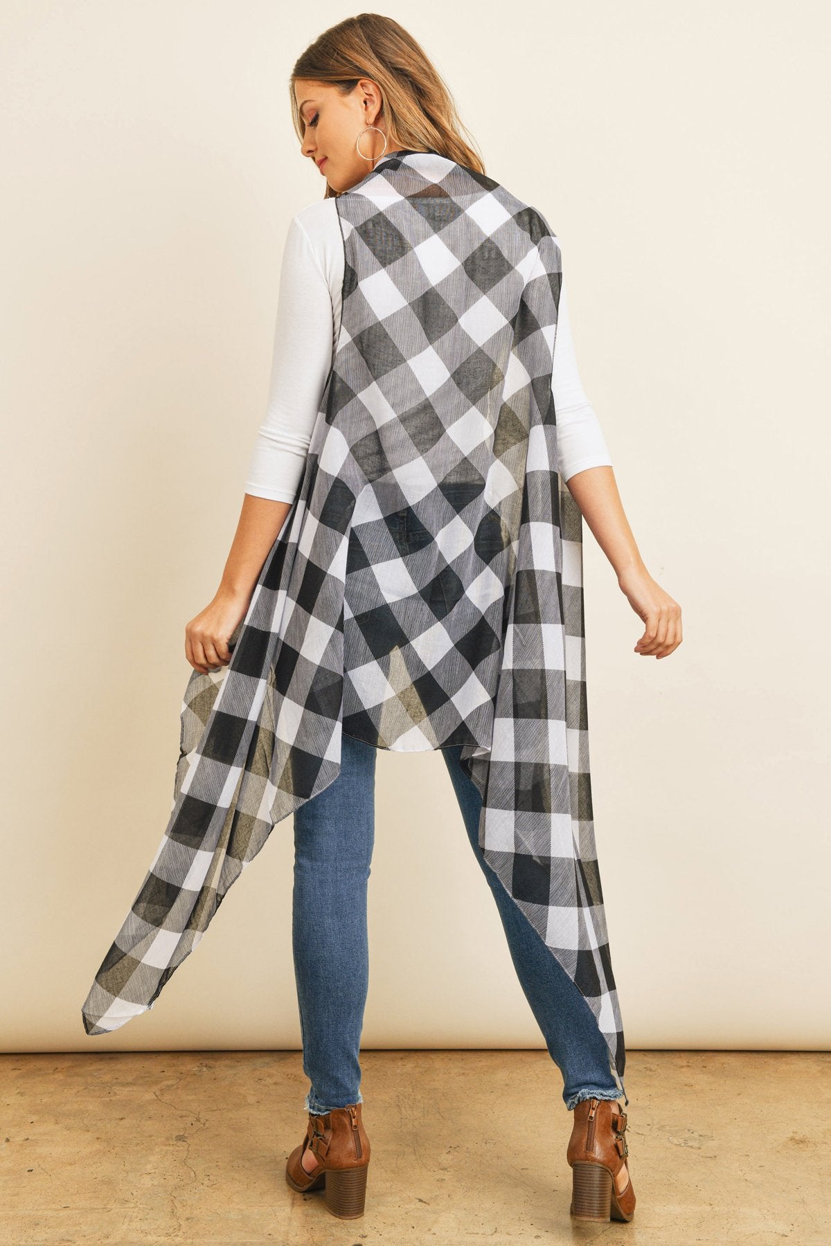 Black Plaid Knee Length Kimono Cardigan