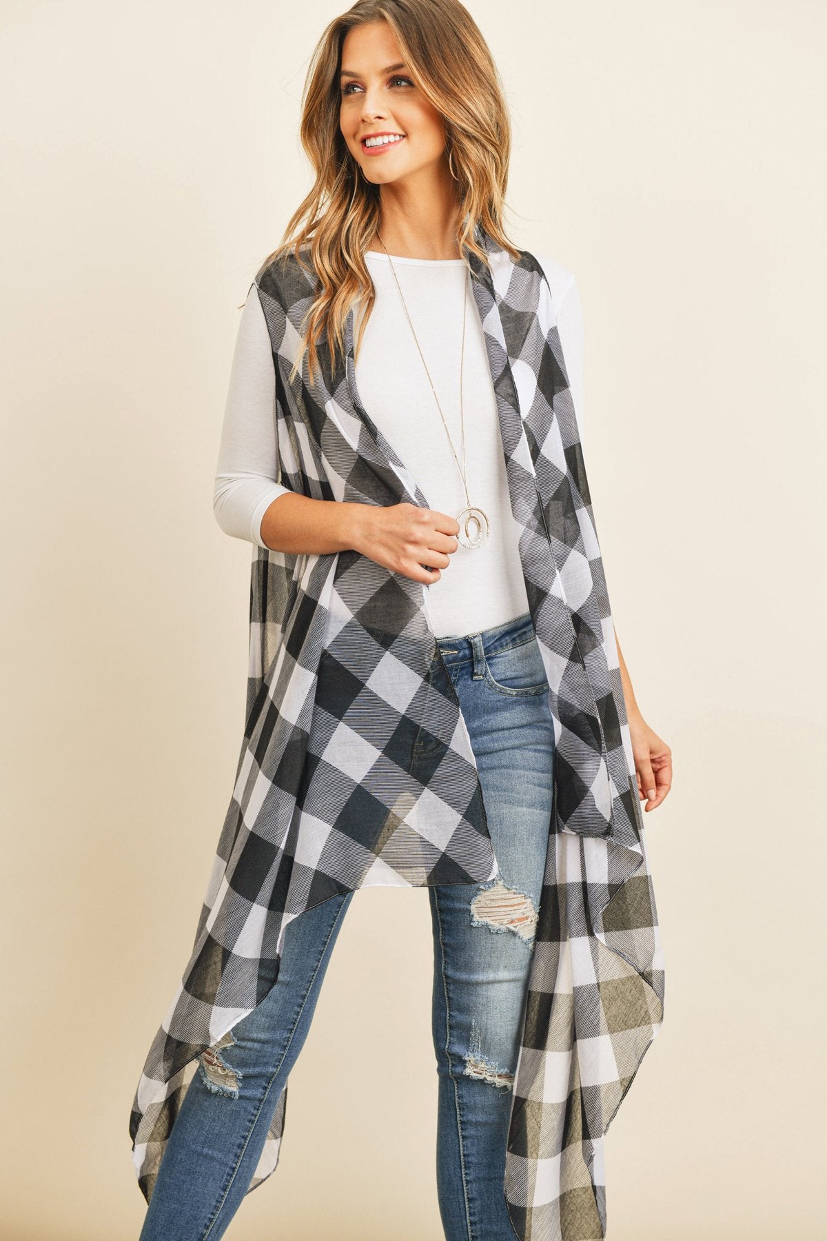 Black Plaid Knee Length Kimono Cardigan