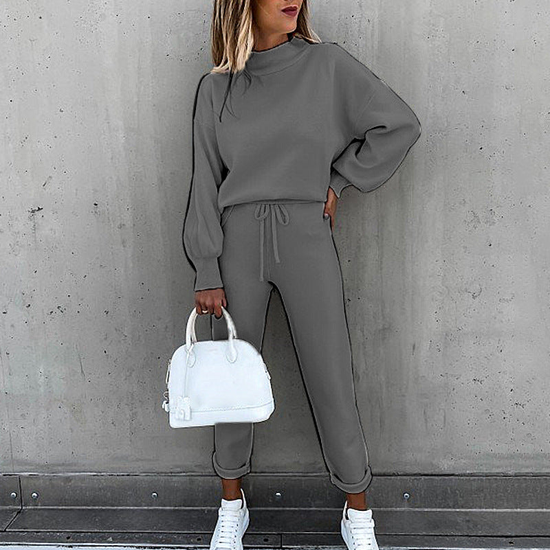 Solid Color High-Neck Long-Sleeved Casual Suit