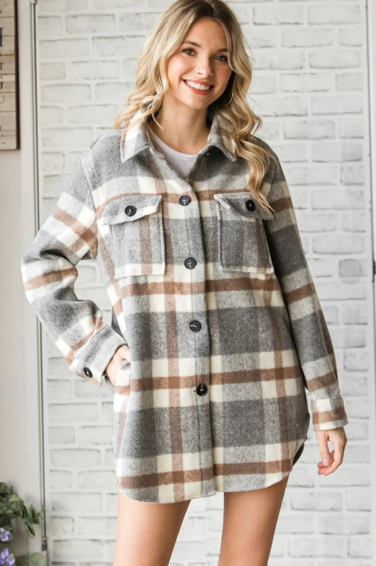 Brushed Plaid Button Down Shirt-Jacket