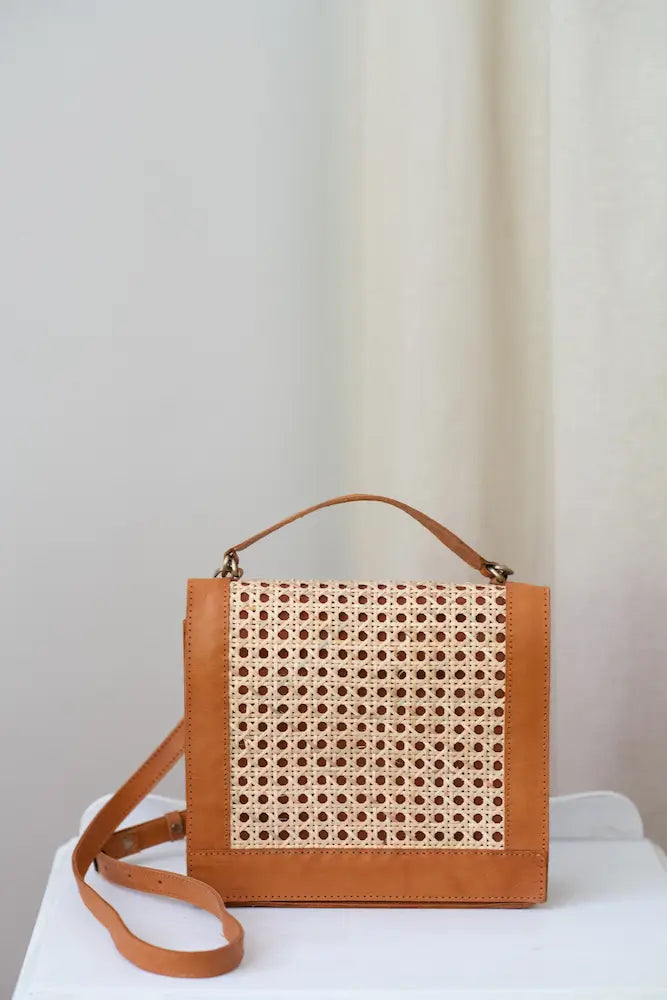 Brown Leather Bag, Cane Shoulder Bag, straw bag, leather