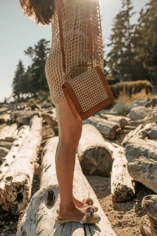 Brown Leather Bag, Cane Shoulder Bag, straw bag, leather