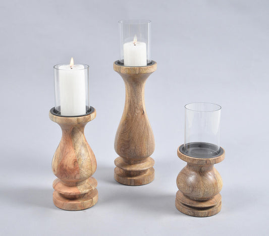 Natural Mango Wood & Glass Pillar Candle Holders (Set of 3)