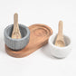 Turned Stone Twin Condiment Bowls with Wooden Tray