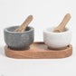 Turned Stone Twin Condiment Bowls with Wooden Tray