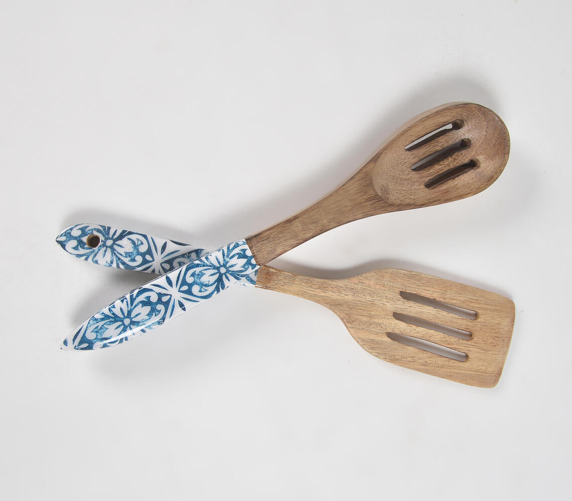 Indigo Meena print Light burnt Wooden Spatulas (set of 2)