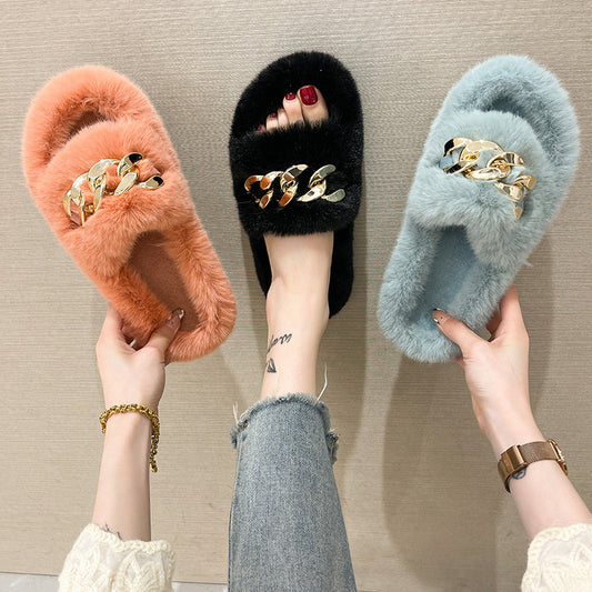 Stylish Fluffy House Shoes with Chain