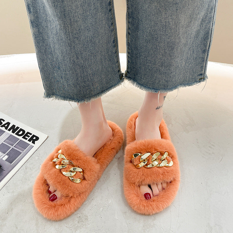 Stylish Fluffy House Shoes with Chain