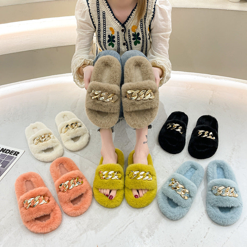 Stylish Fluffy House Shoes with Chain