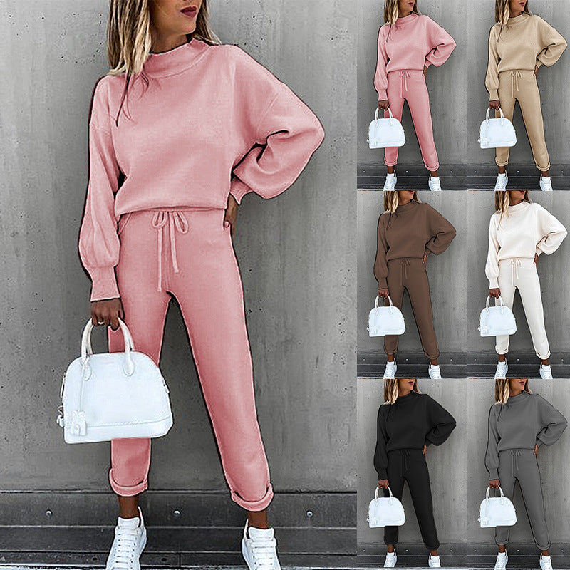 Solid Color High-Neck Long-Sleeved Casual Suit