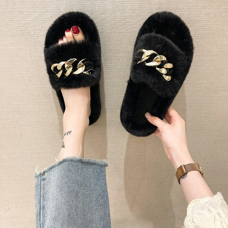 Stylish Fluffy House Shoes with Chain