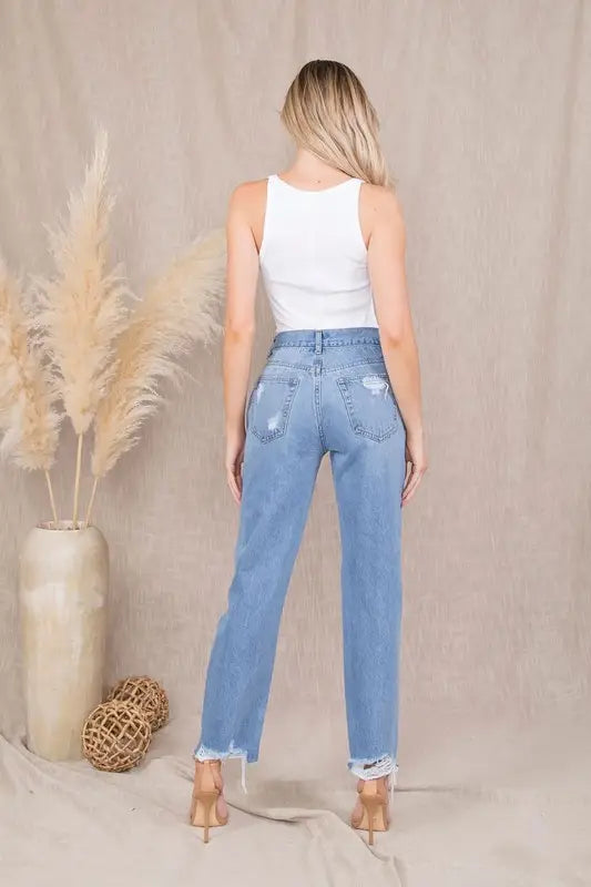 Distressed Straight Denim Jeans